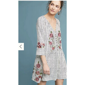 Anthropologie Embroidered Drop Waist Dress L Black Stripe Red Pansies Crochet